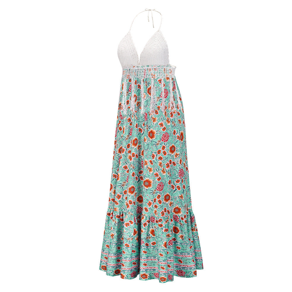 Vacation beach wearing printed halter neck women sleeveless long dresses