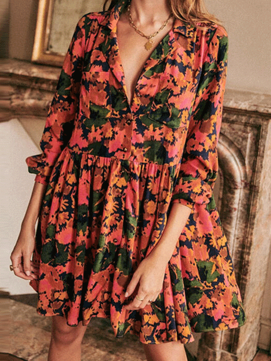 Casual Loose Floral print Lapel Three quarter sleeve Gored Fastener Shift Dresses