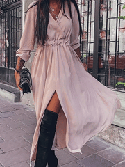 Casual Pure V neck Long sleeve Vent Skater Dresses