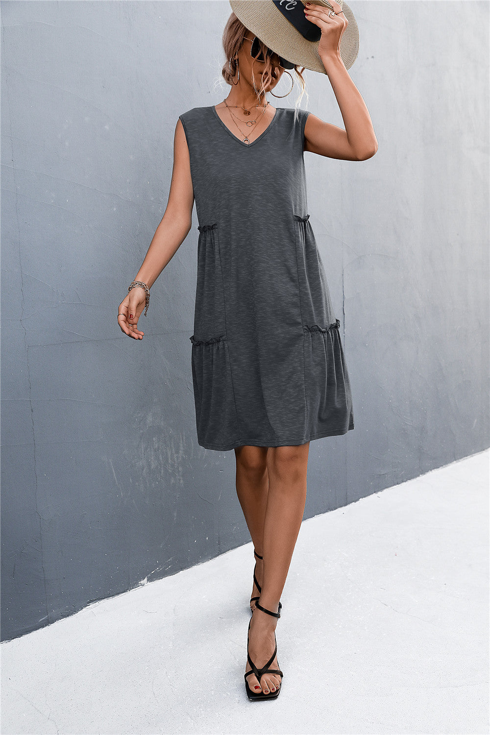 V neck plain sleeveless women elegant Shift Dresses