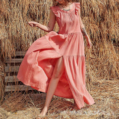 Casual Loose Pure Square collar Sleeveless Falbala Vent Maxi Dresses