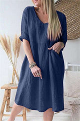 Casual Loose Pure V neck Three quarter sleeve Shift Dresses