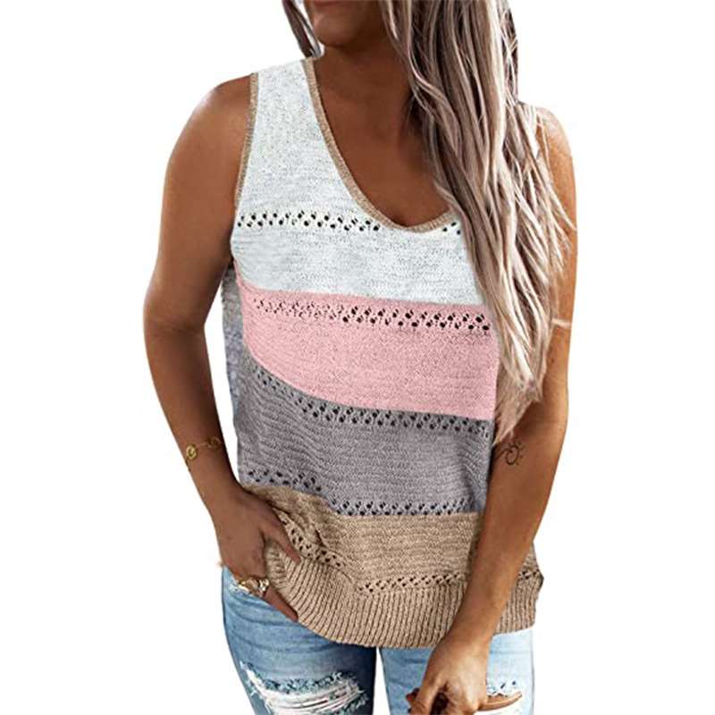 Casual Stripe Hollow out Round neck Knit Vests