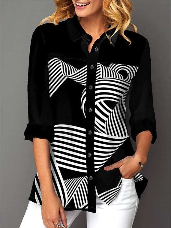 Stliysh Elegant Stripe print Lapel Long sleeve Blouses