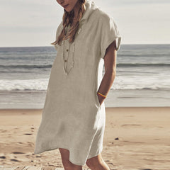 Daily casual comfy Turn down neck plain button shift dresses
