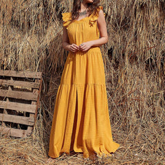 Casual Loose Pure Square collar Sleeveless Falbala Vent Maxi Dresses