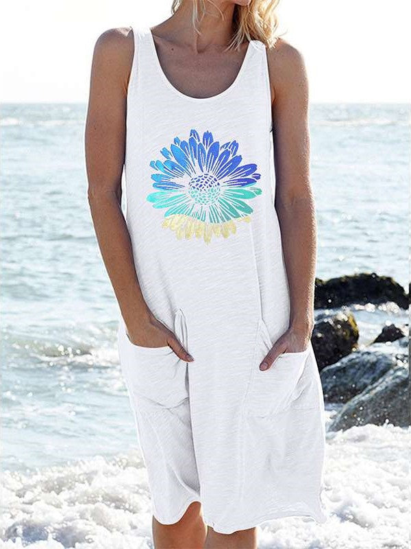 Casual Floral print Round neck Vest Sleeveless Shift Dresses