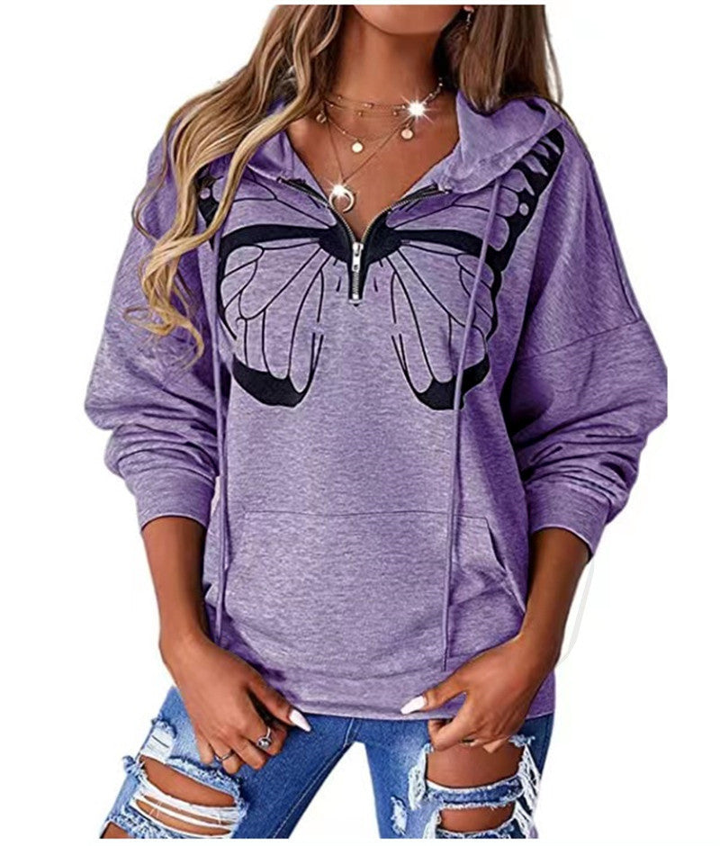 Butterfly Printed Pocket Hooded Loose Sweatshirts Hoodies