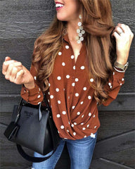 Casual Point print V neck Long sleeve Blouses