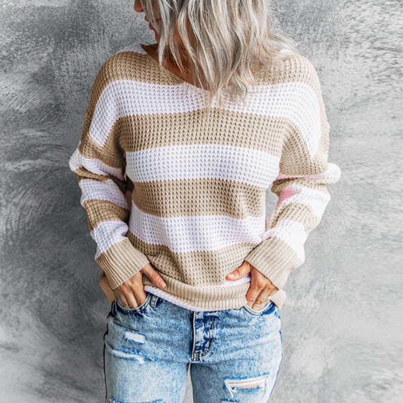 Autumn and winter V-neck knitted top stripe long sleeve sweaters