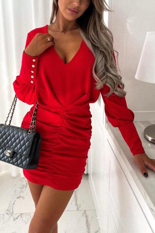 V Neck Ruched Bodycon Dress