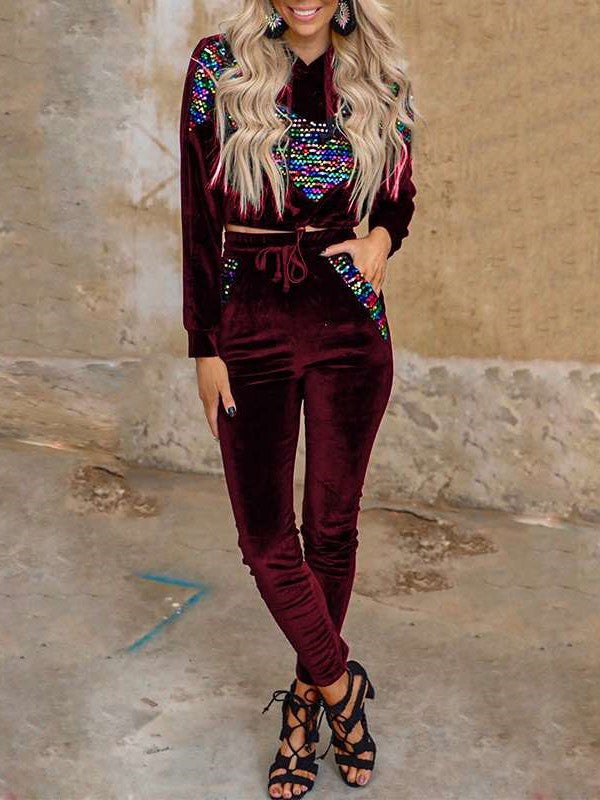 Pleuche Gored print Hoodi Sweatshirts & Pants Suits