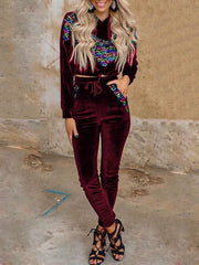 Pleuche Gored print Hoodi Sweatshirts & Pants Suits