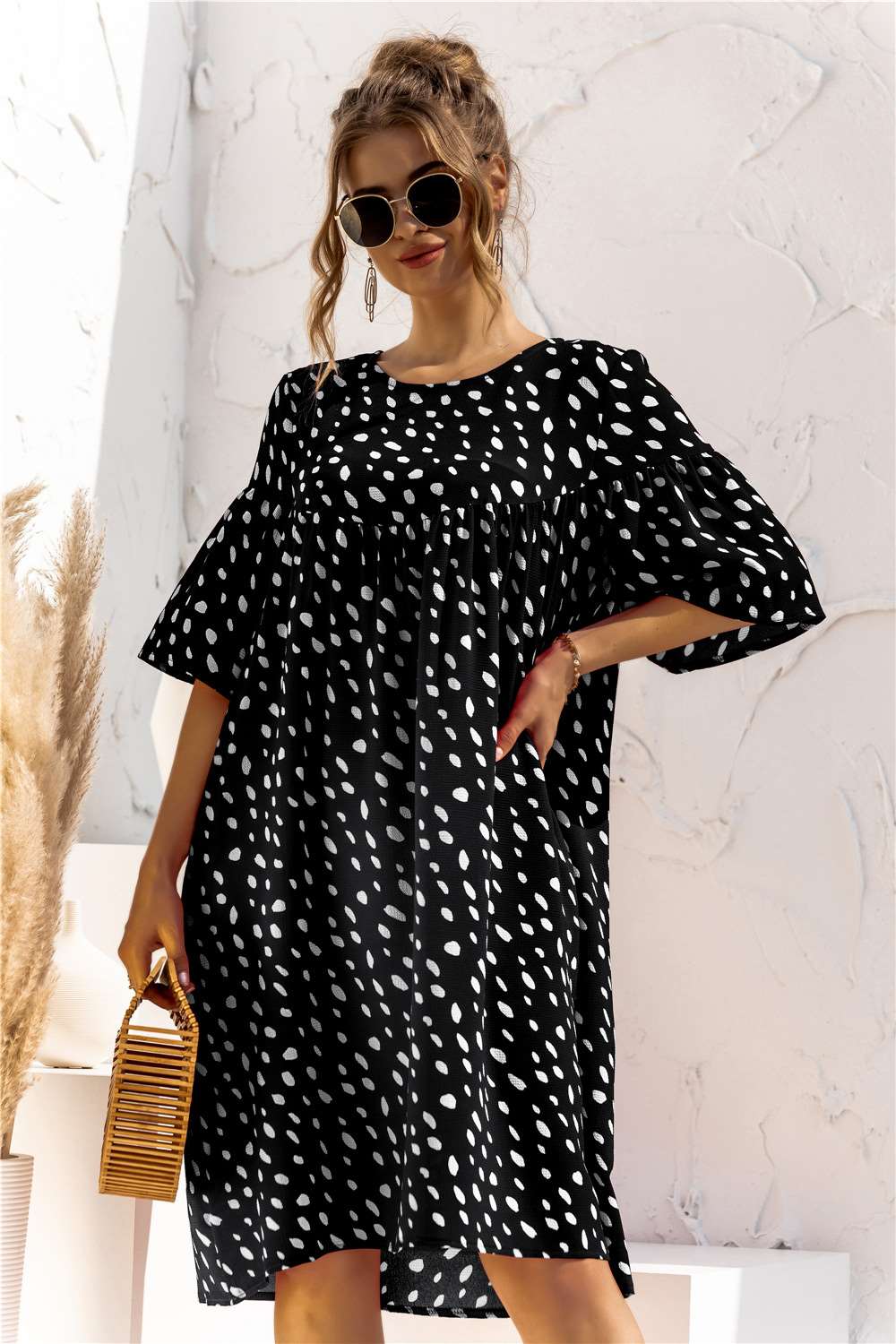 Fashion Point print Round neck Half sleeve Pocket Shift Dresses