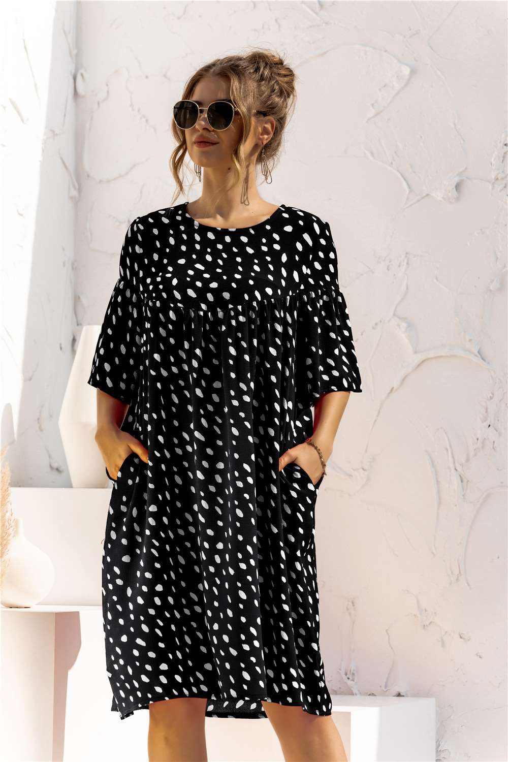 Fashion Point print Round neck Half sleeve Pocket Shift Dresses