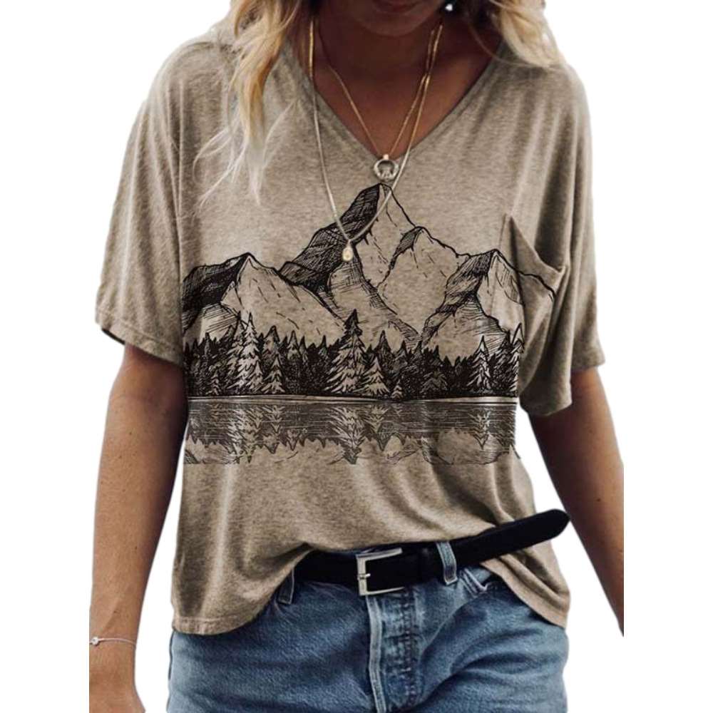 Women Casual Loose Mountains print V neck Short sleeve T-Shirts