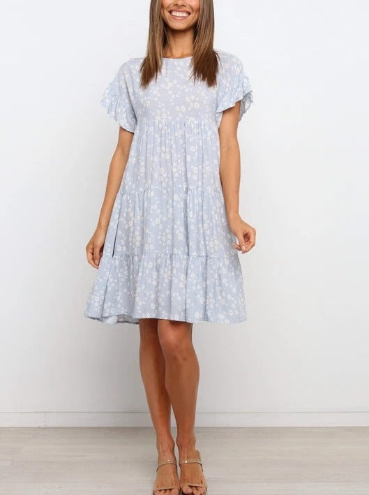 Short Sleeve Crew Neck Printed Pleated Dress