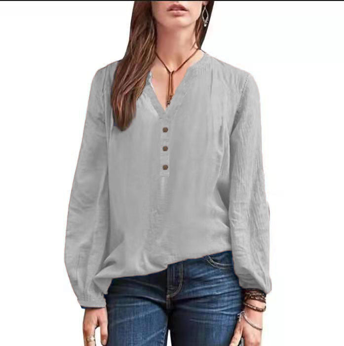 Casual women daily v neck button design long sleeve plain blouses