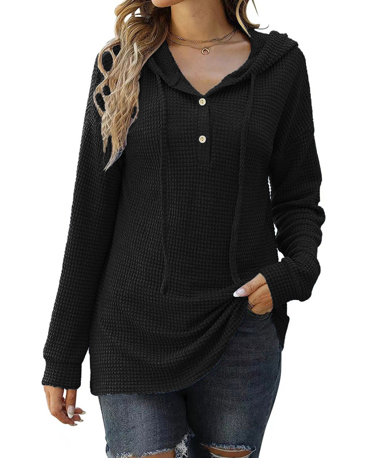 Loose Sports Knit Long Sleeve Button Hooded Sweatshirts
