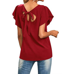 Casual Loose Pure Round neck Short sleeve Falbala Backless T-Shirts