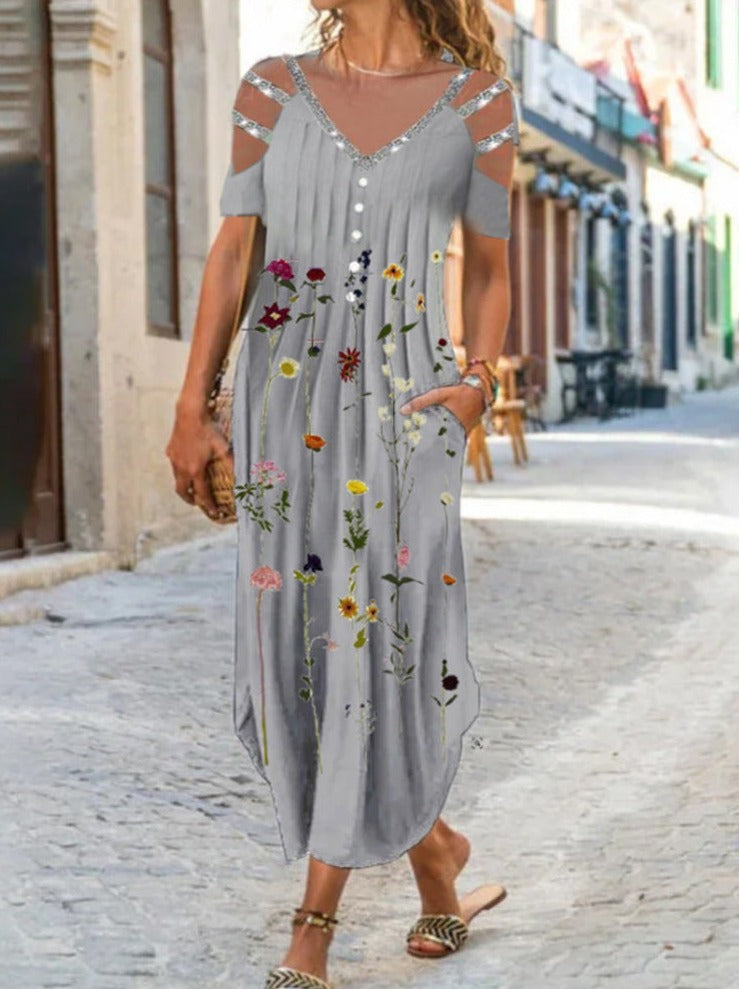 Casual Printed Floral V-Neck Long Off Shoulder Maxi Dresses