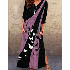 Casual Butterfly print V neck Long sleeve Maxi Dresses