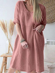 Casual Loose Pure V neck Three quarter sleeve Shift Dresses