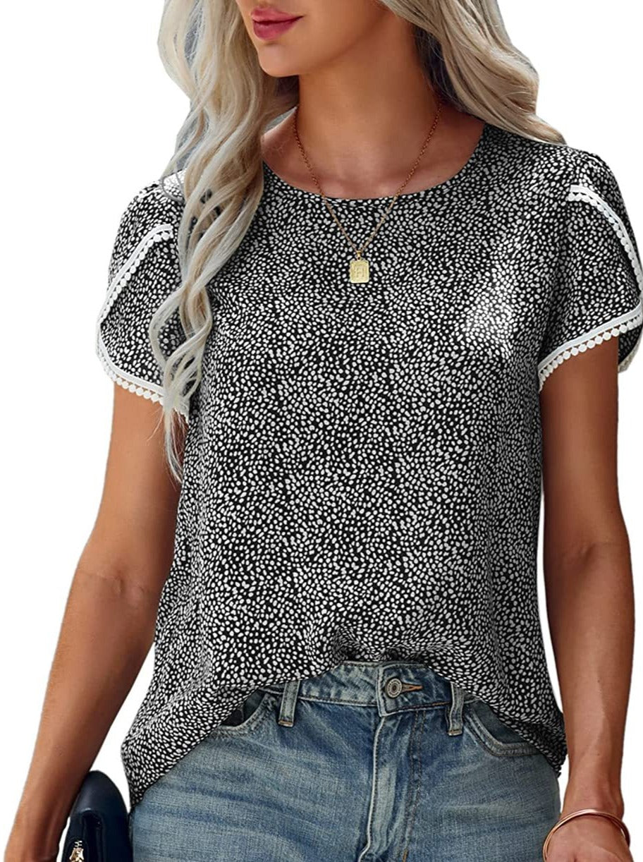 Round neck elegant lace women printed chiffon blouses