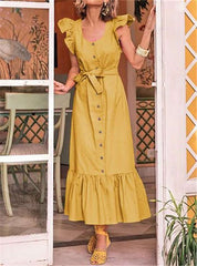Fashion Pure Round neck Sleeveless Fastener Falbala Lacing Maxi Dresses