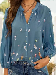 Casual Loose Butterfly print V neck Long sleeve Blouses