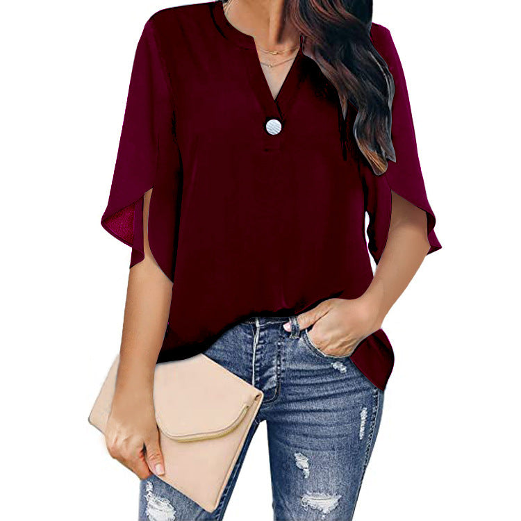 Elegant Short Sleeve Casual Solid Color V-Neck Women T-shirts