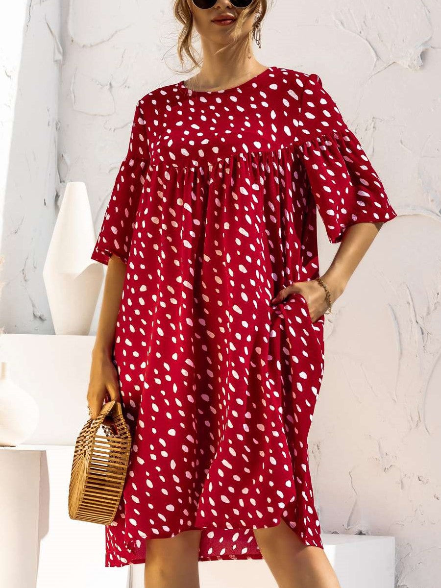 Fashion Point print Round neck Half sleeve Pocket Shift Dresses