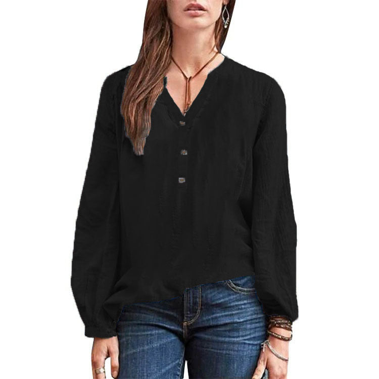 Casual women daily v neck button design long sleeve plain blouses