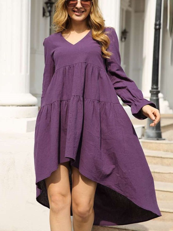 Casual Loose Pure Gored V neck Long sleeve Irregular Maxi Dresses
