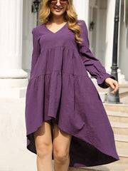 Casual Loose Pure Gored V neck Long sleeve Irregular Maxi Dresses