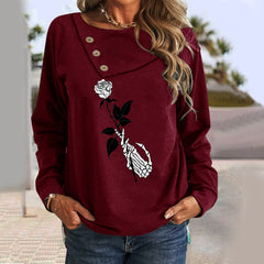 Button Neck Flower Printed Long Sleeve T-Shirts
