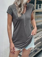 Round neck zip design  lace short sleeve t-shirts