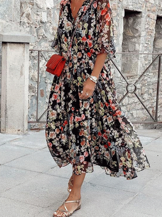 Casual Floral print V neck Half sleeve Maxi Dresses