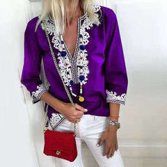 Fashion Casual Floral print V neck Three quarter sleeve Blouses