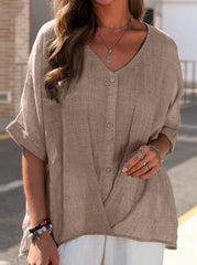 V Neck Pullover Short Sleeve Loose Fit Women's Irregular Casual Shirt