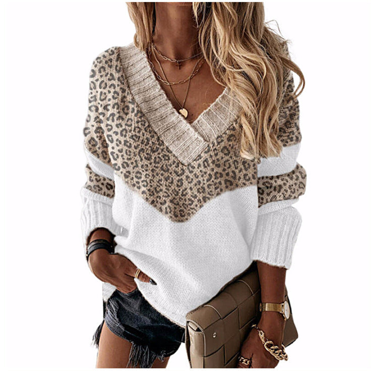 V neck leopard desin long sleeve women sweaters