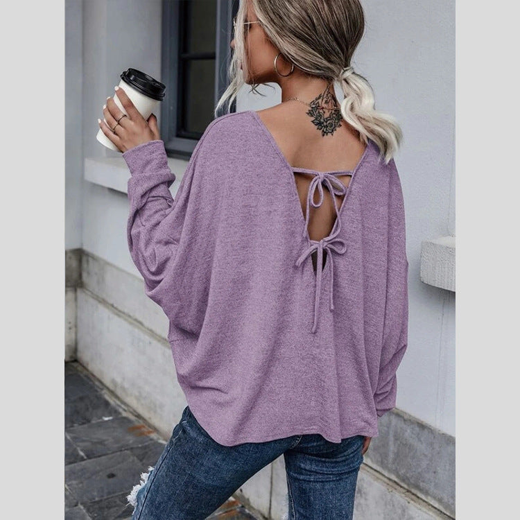 Casual Solid Color Loose Tie Back Drop Shoulder T-Shirts