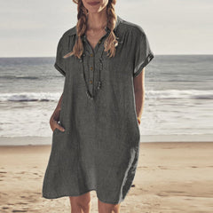Daily casual comfy Turn down neck plain button shift dresses