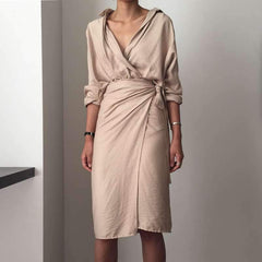 Fashion Pure Irregular Lacing Long sleeve V neck Bodycon Dresses
