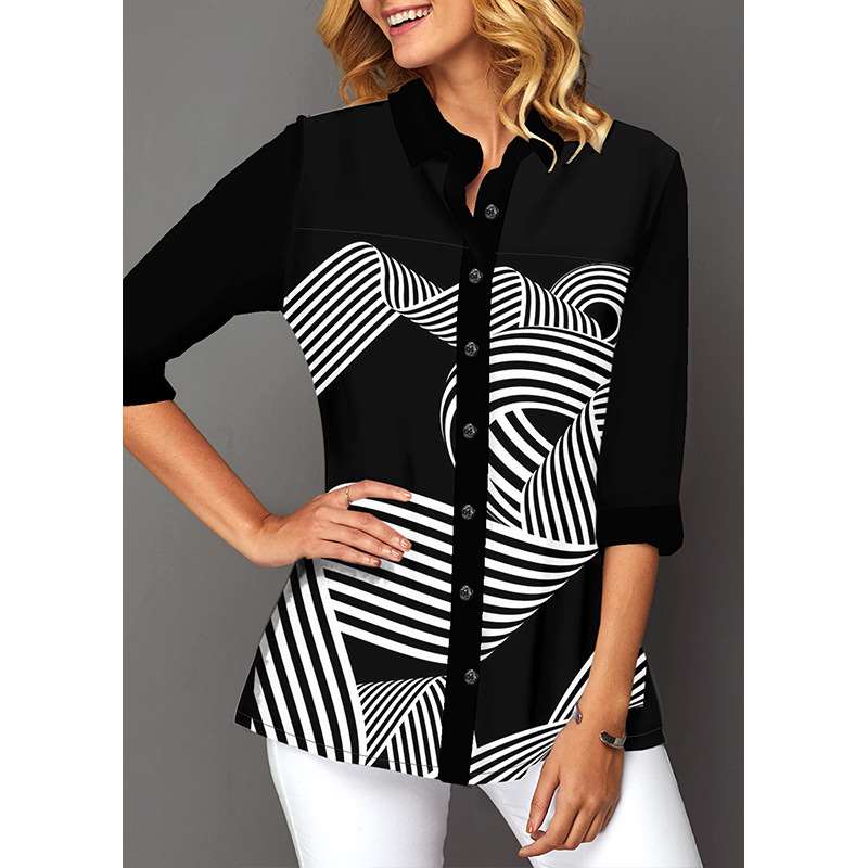 Stliysh Elegant Stripe print Lapel Long sleeve Blouses