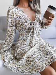 V neck women printed long sleeve fashion skater dresses