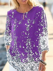 Casual Floral print Round neck Three quarter sleeve T-Shirts