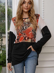 Casual Loose Gored Serpentine printing Round neck Long sleeve T-Shirts