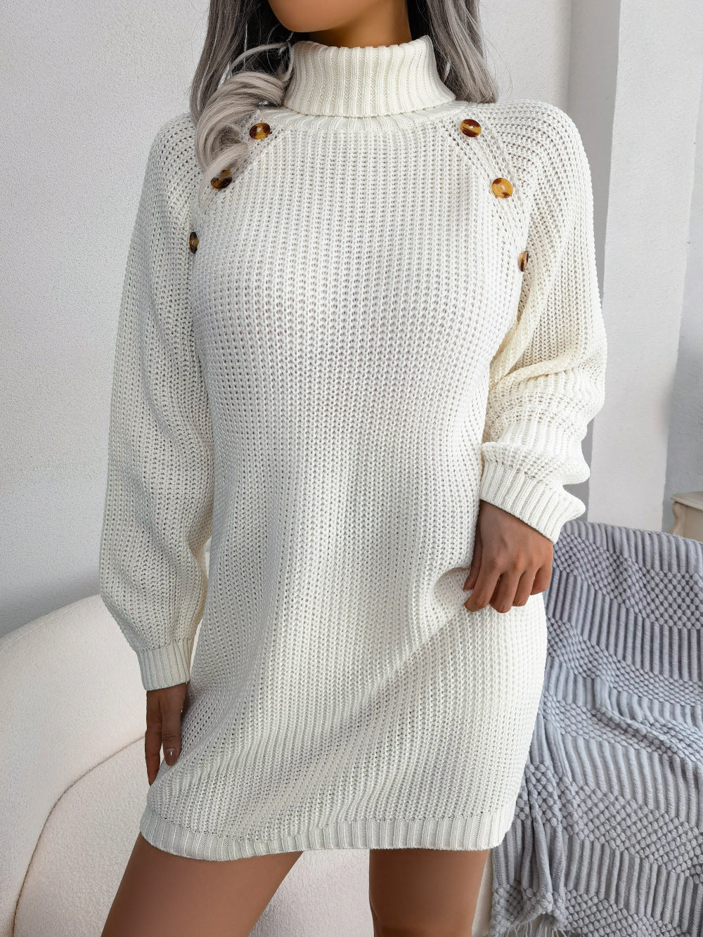 Women High neck long sleeve knit button design shift dresses