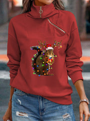 Christmas Printed Long Sleeve Zipper Sweatshirts Women Top
